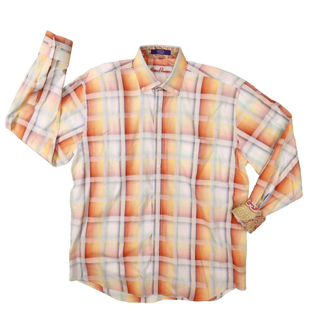 Alan Flusser Men's Orange Gradient Plaid Flip Cuff Button‎ Up Shirt size Medium